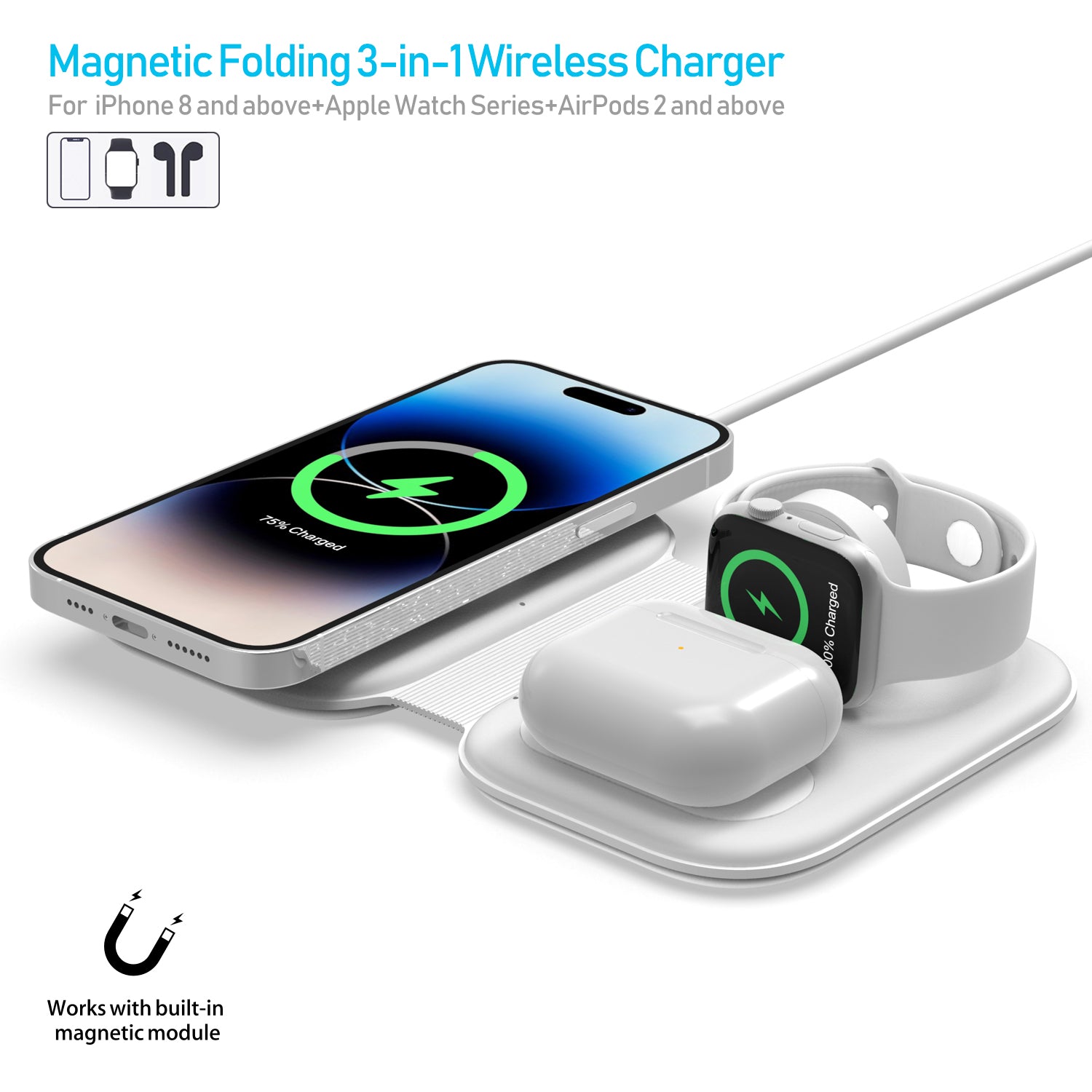 F20P For iPhone Apple Watch AirPods Samsung Galaxy Buds Magnetic Folding 3-in-1 Wireless Charger Charging Pad (QI CE Certified) F20P For iPhone Apple Watch AirPods Samsung Galaxy Buds Magnetic Folding 3-in-1 Wireless Charger Charging Pad (QI CE Certified)